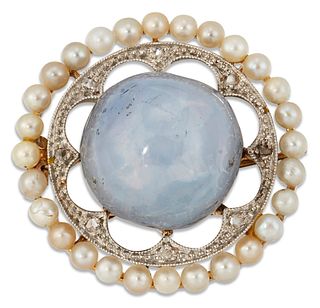 A STAR SAPPHIRE, SEED PEARL AND DIAMOND BROOCH, a spherical star sapphire w