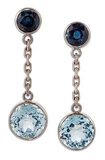 A PAIR OF SAPPHIRE AND AQUAMARINE PENDANT EARRINGS, round-cut sapphires in 
