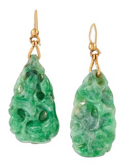 A PAIR OF CARVED JADE PENDANT EARRINGS, each of drop form and carved in the