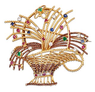 A GIARDINETTO BROOCH, the woven basket with rope twist and plain sprays, se