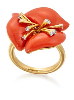 A CORAL AND DIAMOND DRESS RING, three abstract coral petals with diamond se
