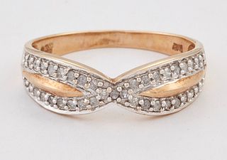 A 9 CARAT GOLD DIAMOND RING, two crossover bands set with round brilliant-c