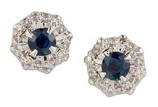 A PAIR OF SAPPHIRE AND DIAMOND CLUSTER EARRINGS, round-cut sapphires within