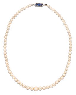 A CULTURED PEARL NECKLACE, WITH A SAPPHIRE CLASP, graduated cultured pearls