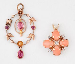 A 9 CARAT GOLD CORAL AND DIAMOND PENDANT, set with four oval pink coral, sp