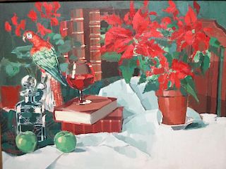 A still life with Poinsetias and books, initialled and dated lower left, 'SB '90', oil on canvas <br