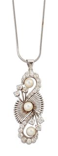 A CULTURED PEARL AND DIAMOND PENDANT ON CHAIN, the scrolling frame set thro