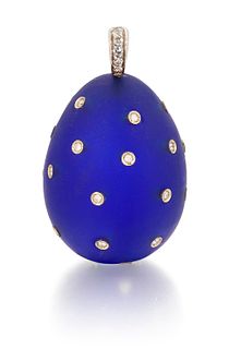 A LARGE BLUE GLASS AND DIAMOND EGG PENDANT, the frosted blue glass egg set 