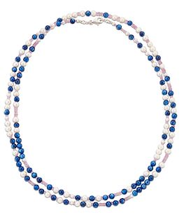 A CULTURED PEARL, KYANITE AND PINK SAPPHIRE BEAD NECKLACE,?cultured pearls 