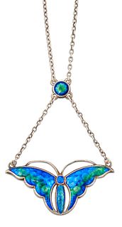 CHARLES HORNER - A SILVER AND ENAMEL BUTTERFLY PENDANT ON CHAIN, the stylis