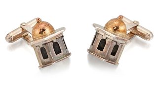 VICKI AMBERY-SMITH - A PAIR OF SILVER CUFFLINKS, each designed as a temple 