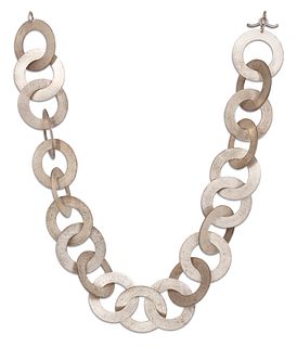 A SILVER NECKLACE, formed of large textured hoop links, to a T-bar fitting,