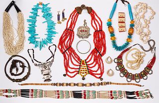 A QUANTITY OF ETHNIC AND TRIBAL STYLE JEWELLERY, including a large dyed cor