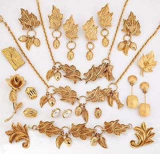 A QUANTITY OF GILT METAL COSTUME JEWELLERY, including:?AN INTERESTING LEAF 