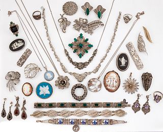 A QUANTITY OF SILVER MARCASITE, FILIGREE AND OTHER JEWELLERY, including:?TW
