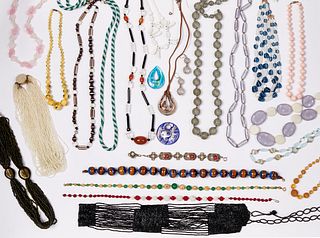 A QUANTITY OF GLASS BEAD NECKLACES, including two torsade necklaces, a blac