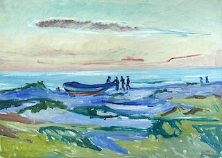 § Axel P Jensen (Danish, 1885-1972) Fishermen by a rowing boat in a coastal landscape signed lower r
