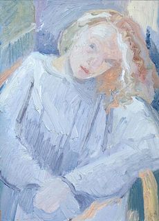 Monica Rawlins (Welsh, 1903-1990) Study of a young girl in blue signed with initials lower right "MR