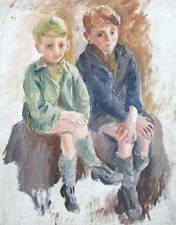 § Monica Rawlins (Welsh, 1903-1990) Two small boys, seated inscribed lower left "29 / 91" oil on can