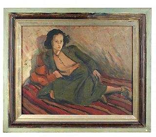 § Monica Rawlins (Welsh, 1903-1990) Study of Sheila oil on canvas in a green painted frame 39 x 49cm