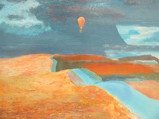 § Derek Hyatt (British, b.1931) Crossing the Moor - Hilly landscape with hot air balloon, circa 1980