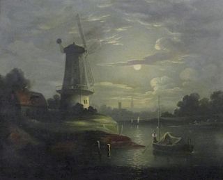 After Sebastian Pether, windmill and stream by moonlight, oil on canvas, 50 x 60cm, framed <br> <br>