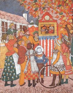 Jenny Davidson, RCA (British, 20th Century) Punch and Judy batik 60 x 47cm (23 x 18in) <br> <br>Colo