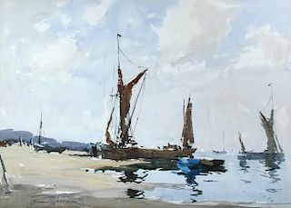 Edward Wesson (British, 1910-1983) Shorescape wtih sailing barges signed lower left "Edward Wesson"