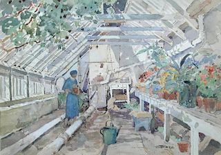 § D T Rose (British, 20th Century) Working in a greenhouse signed lower right "D T Rose" watercolour