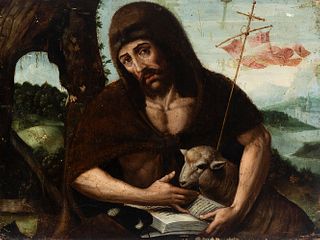Spanish school; late 16th century. 
"San Juan Bautista" 
Oil on panel. Crimped. 
It presents faults, repainting and xylophagous remains.