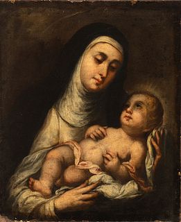 Workshop of BARTOLOME ESTEBAN MURILLO (Seville, 1617 - 1682). 
"Saint Rose of Lima with the Infant Jesus". 
Oil on canvas. Relined.