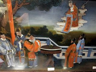 A reverse glass painting of Mandarins on a terrace watching the descent of an Emperor on a cloud <br