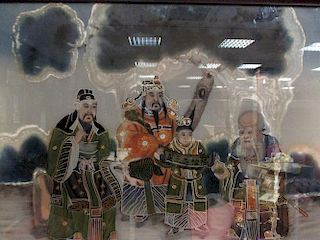 A reverse glass painting of a trio of dieties Shou, Lu and Fu with a boy attendant <br> <br>