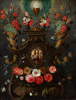 Flemish school of the 17th century. 
"Orla de flores, con alegoría de la Eucaristía" (Flower border, with allegory of the Eucharist). 
Oil on copper.
