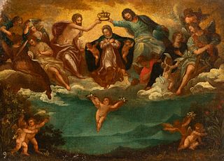 Spanish or Italian school; 17th century.
"Coronation of the Virgin"
Oil on canvas. Relined
It presents restorations.