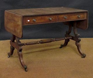 A Regency faded mahogany lyre end sofa table with two frieze drawers, 66.5cm deep, 161cm wide when o