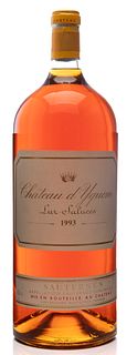 One bottle Methuselah, Château d'Yquem, 1993 vintage.
Category: sweet white wine. Lur Saluces- Sauternes, France.
Level: A.
6 L.