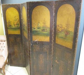 A 19th century painted leather four fold screen, decorated with galleons, 178cm high <br> <br>