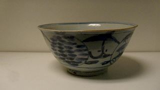 A 17th/18th century blue and white bowl, probably Swatow, the interior painted with a bird roundel,