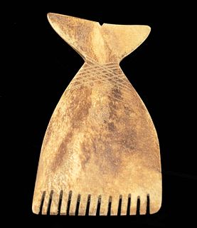 12th C. Pre-Contact Yupik Bone Comb w/ Whale Tail Form