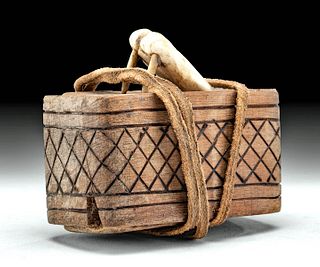 19th C. Inuit Wood & Walrus Ivory Snuff Box w/ Walrus