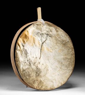 20th C. Inuit Caribou Hide, Bone, & Wood Qilaut Drum