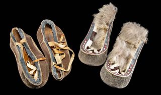 Early 20th C. Inuit Hide & Fur Moccasins & Soles (4)