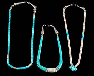20th C. Pueblo Turquoise & Silver Heishi Necklaces (3)
