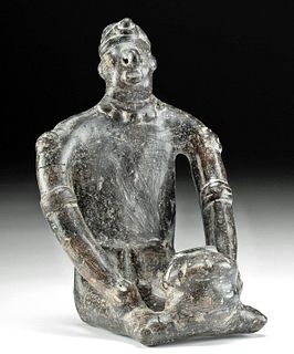 Colima Blackware Pottery Seated Figure w/ Jar
