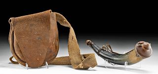 19th C. American Powder Horn & Leather Possibles Bag
