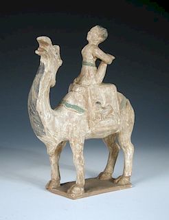 A Han dynasty camel and rider, the open mouthed camel with its head raised as the female rider kneel