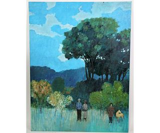 HERB MEARS FAMILY & DOG ACRYLIC ON PANEL PAINTING