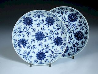 A pair of blue and white plates, six character marks of Yongzheng, the vines scrolling the cavettos