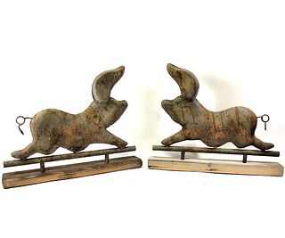 PAIR OF PIG FIGURE TIN WEATHERVANE ON WOODEN BASES